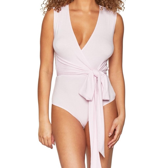 NWT BCBGENERATION Lilac Surplice V-Neck Wrap Tie Waist Ribbed Knit Bodysuit - Picture 2 of 10